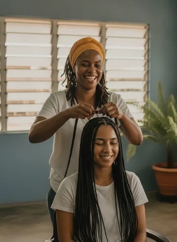 A stylist in a yellow head wrap laughs with her client while working on her long box braids