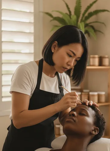 A lash and brow artist in a black apron shapes the eyebrow of a client lying back with her eyes closed