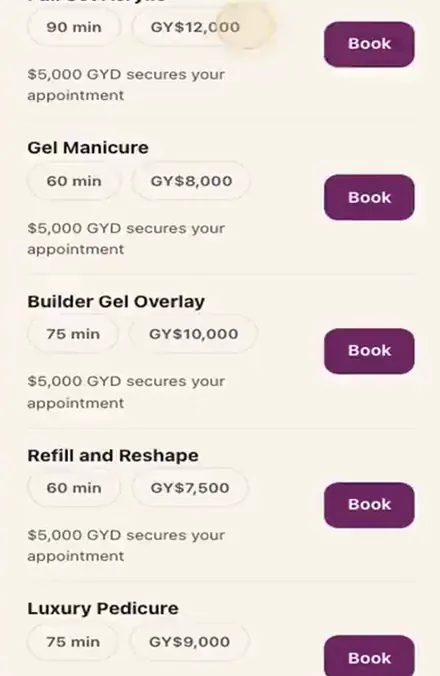 The LNC Pro Suite booking page on a phone, listing services with a duration and a price and a Book button beside each: Full Set Acrylic 90 min GY$12,000, Gel Manicure 60 min GY$8,000, Builder Gel Overlay 75 min GY$10,000, Refill and Reshape 60 min GY$7,500, Luxury Pedicure 75 min GY$9,000, each noting that GY$5,000 secures the appointment
