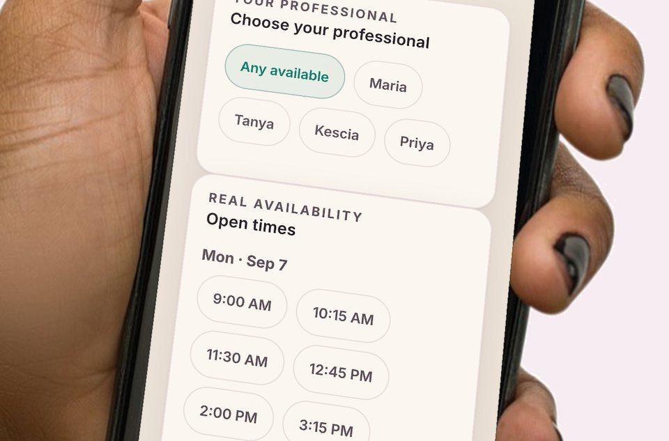 Mary's Nail Studio booking page on a phone: technicians Maria, Tanya, Kescia and Priya, then open times from 9:00 AM on Monday